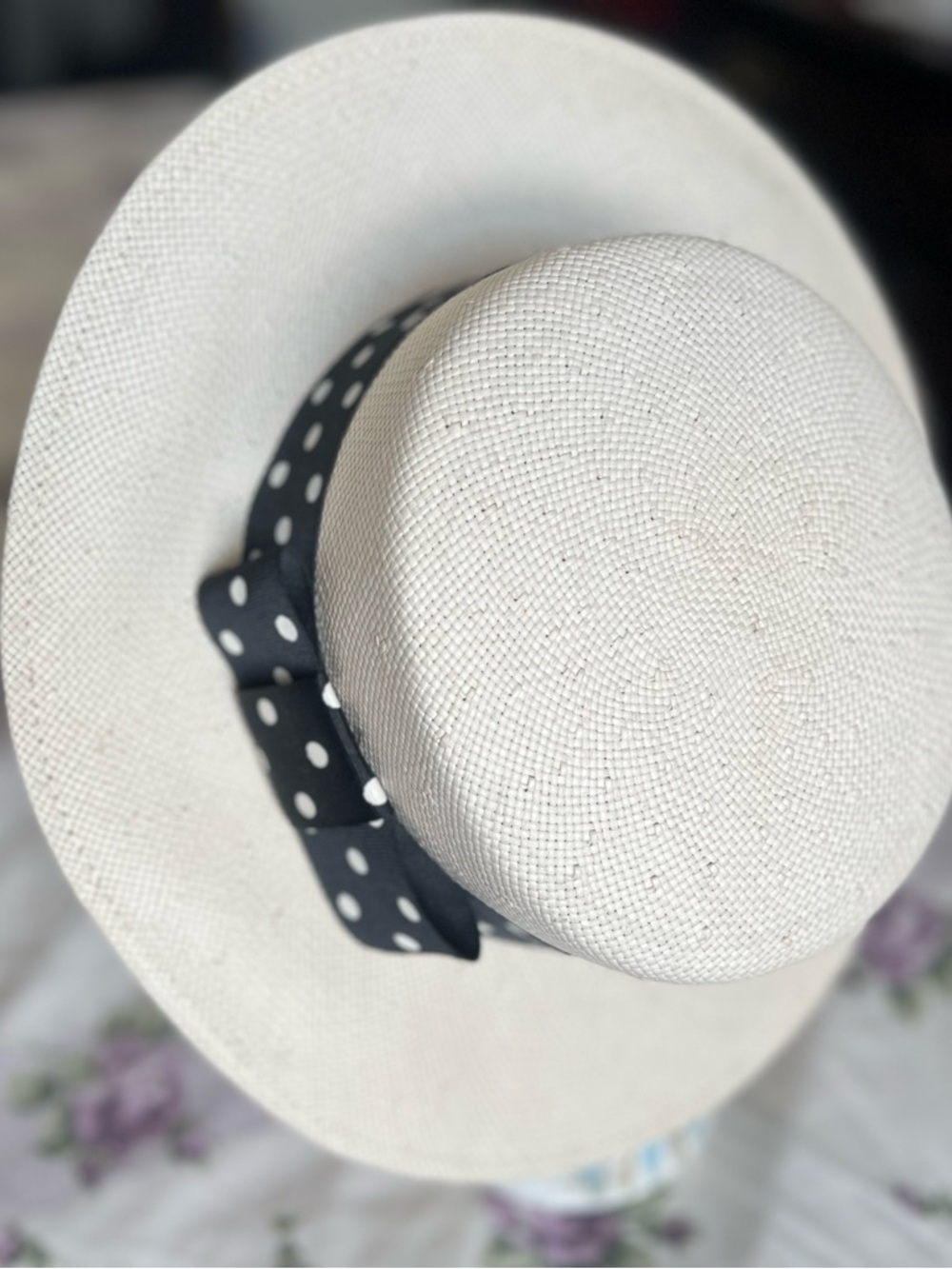 Vintage White Straw Boater Panama Hat w/ Polka Dot Ribbon Trim